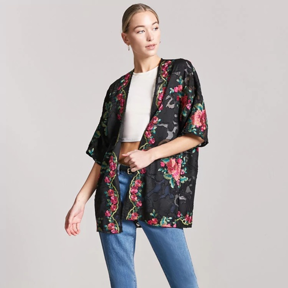 Tops - Sheer Floral Embroidered Open-Front Cardigan